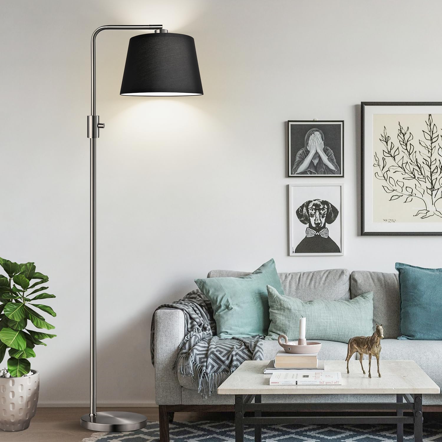 【Upgraded】 Dimmable Floor Lamp, 1000 Lumens LED Edison Bulb Included, Brushed Nickel Arc Floor Lamps Modern Standing Lamp with Black Shade, Tall Lamps for Living Room Bedroom