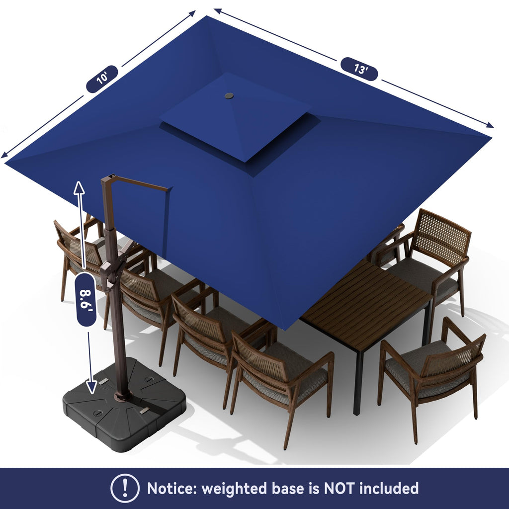 10 X 13 FT Cantilever Outdoor Patio Umbrella with Led Lights Large Heavy Duty 360° Rotation Double Top Offset Rectangular Umbrellas for Backyard Garden Pool Outside Deck, Navy
