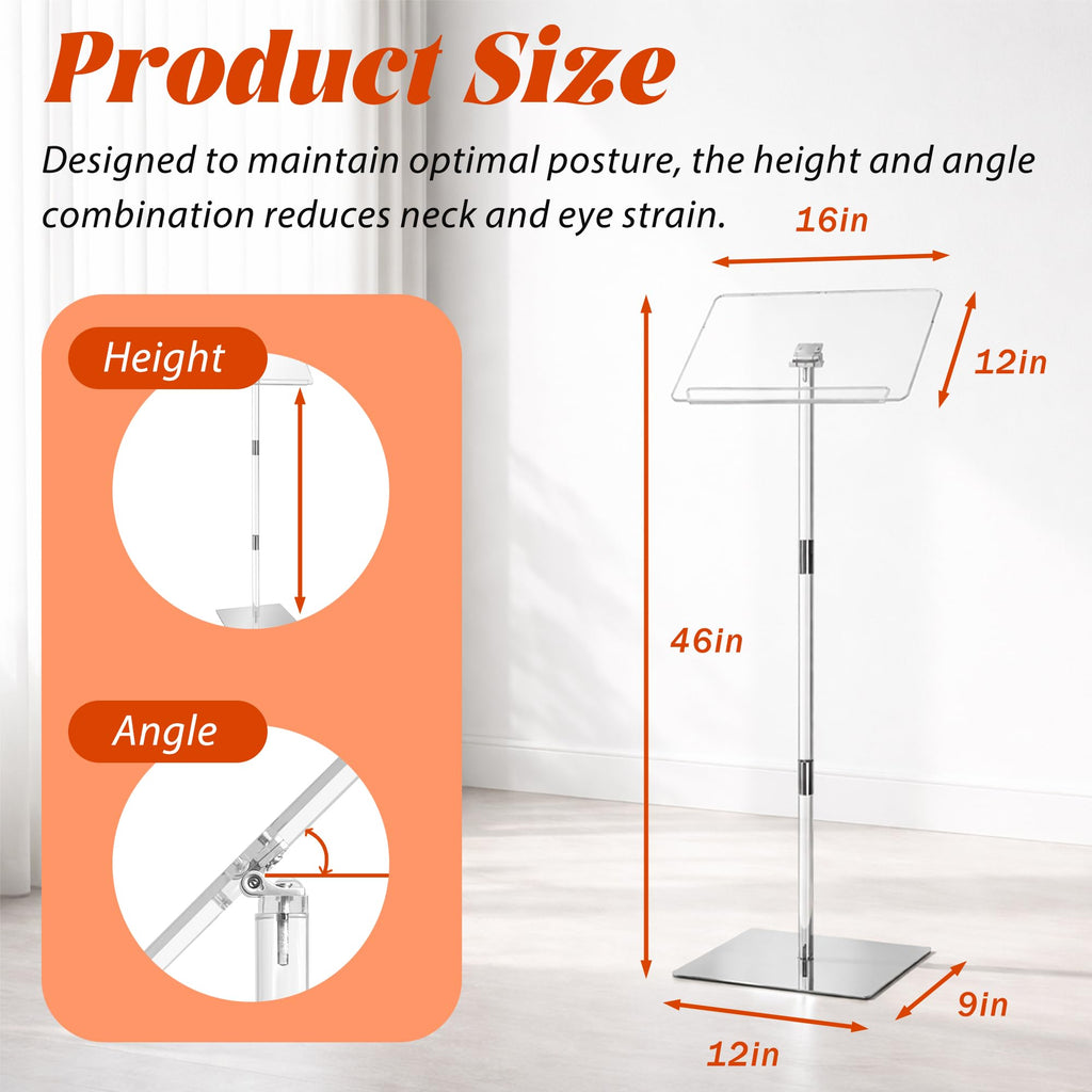 Podium Stand, Lecterns & Podiums, Acrylic Adjustable Angles with Metal Base, Podium for Church, Weddings, Classroom, Speech, 16" L x 12" W x 48" H (Clear)
