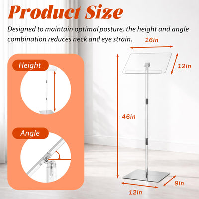 Podium Stand, Lecterns & Podiums, Acrylic Adjustable Angles with Metal Base, Podium for Church, Weddings, Classroom, Speech, 16
