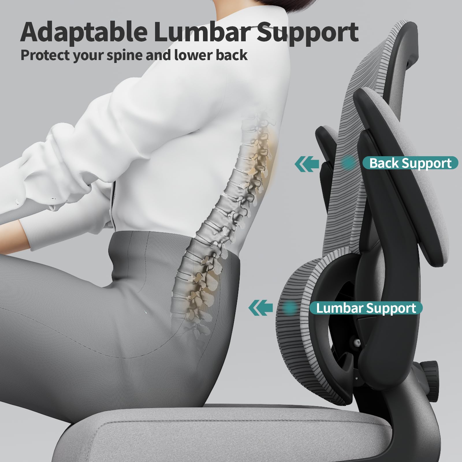 Office Chair - Ergonomic Desk Chair with Adjustable Lumbar Support, Mesh Computer Chair, Executive Chair for Home Office Comfortable Lumbar Support (Fog Gray)
