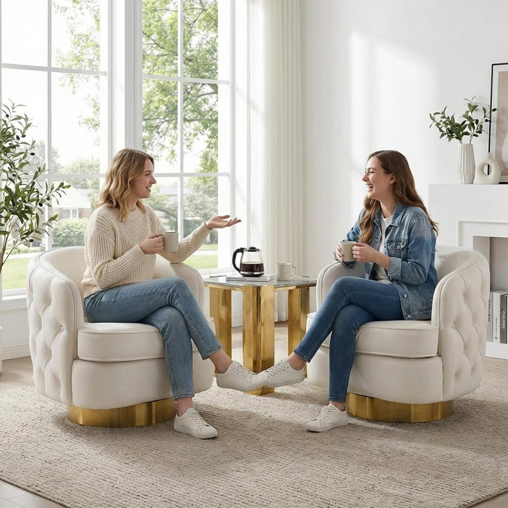 White Swivel Comfy Accent Chair Set of 2, Modern Tufted Velvet Upholstered Round Swivel Barrel Chair for Living Room Bedroom, Barrel Armchair with Tall Backrest