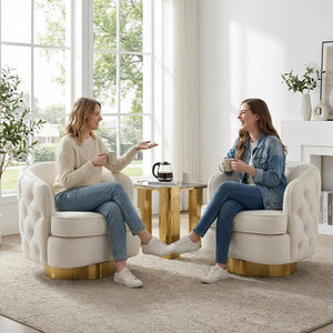White Swivel Comfy Accent Chair Set of 2, Modern Tufted Velvet Upholstered Round Swivel Barrel Chair for Living Room Bedroom, Barrel Armchair with Tall Backrest