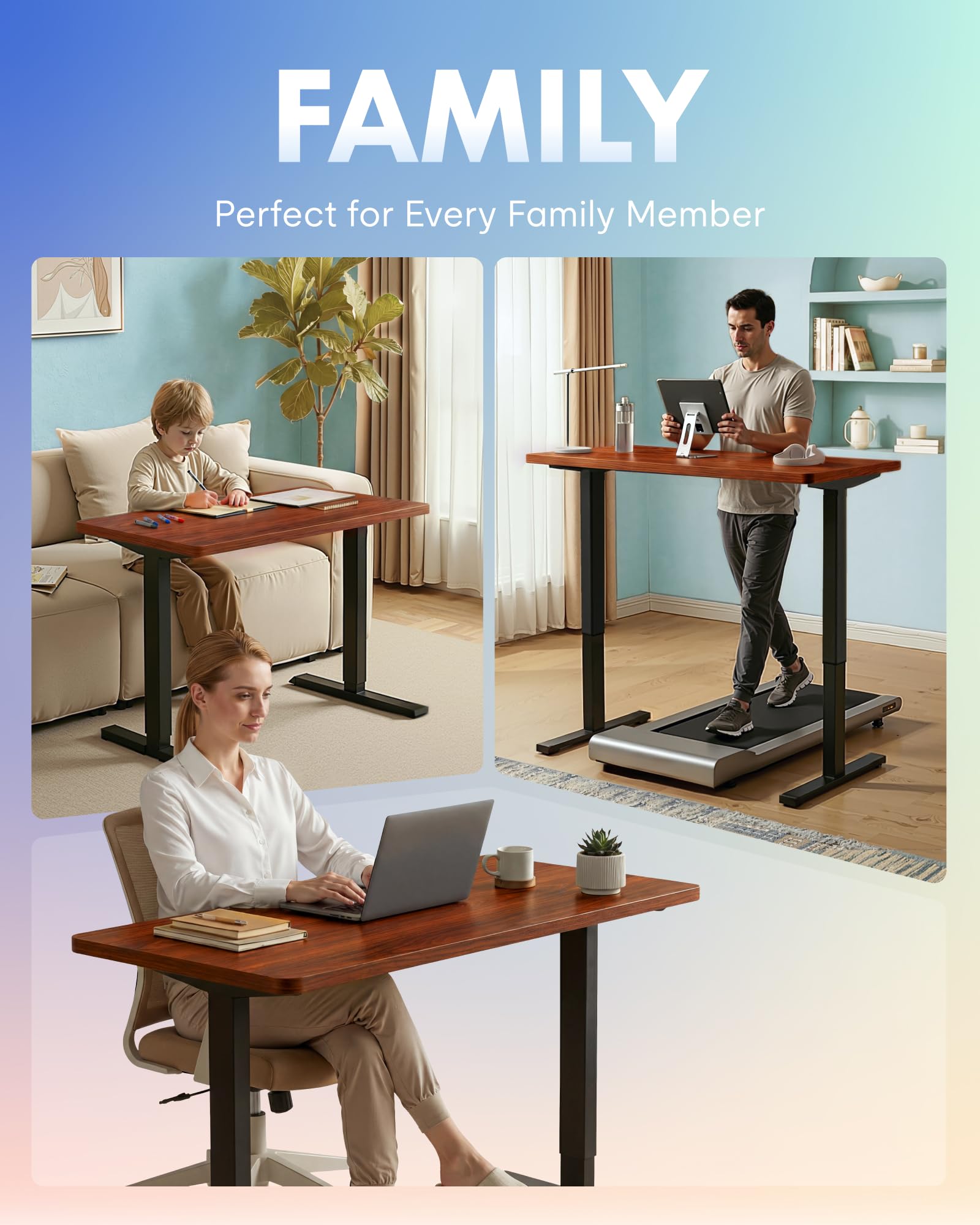 EN1 One-Piece Standing Desk, Electric Adjustable with 4 Memory Presets, 176 LBS Capacity, Stable & Quiet, Seamless Desktop for Home Office & Dual Monitors, 55"x28" Mahogany