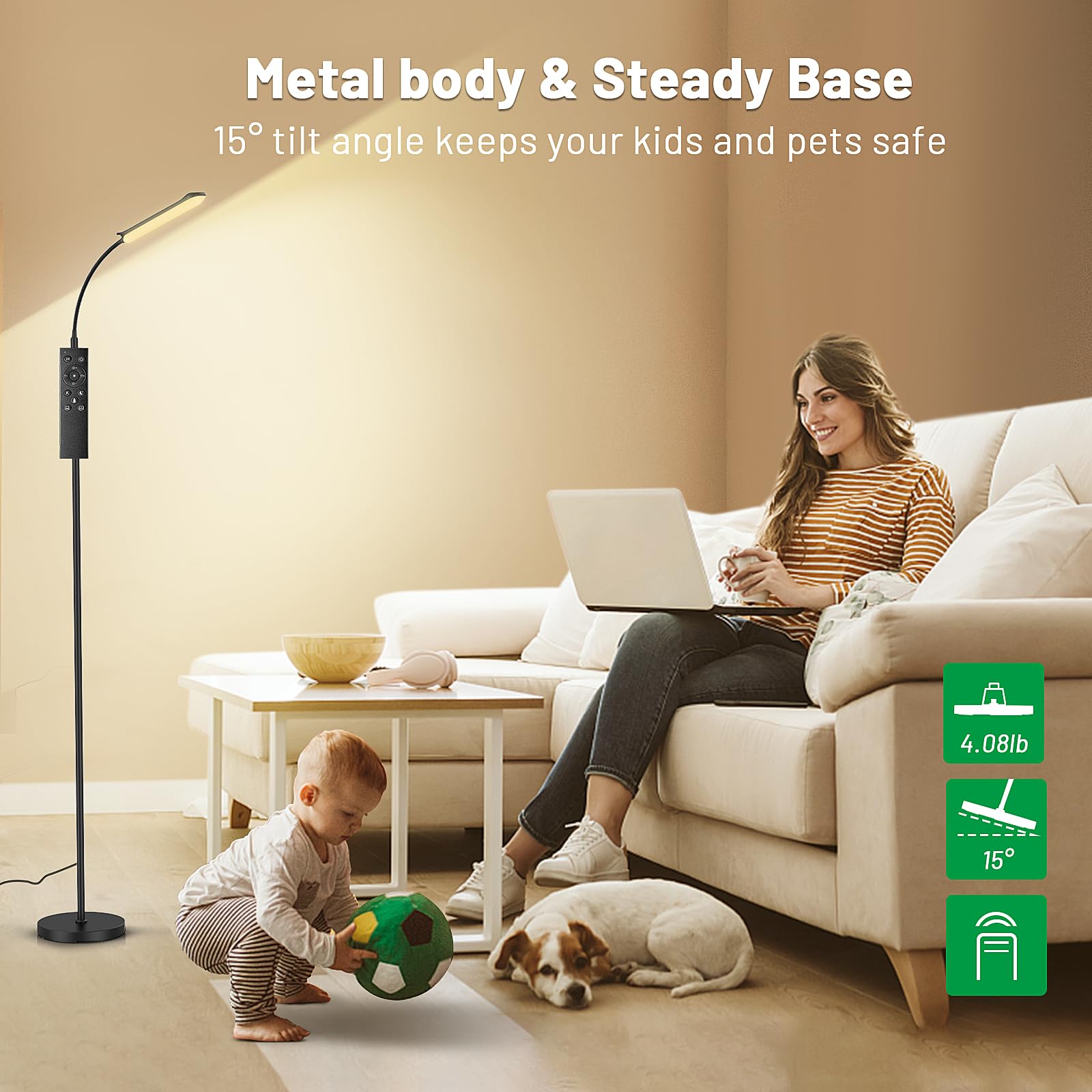 Dimmable LED Floor Lamp, Super Bright Reading Lamps Floor Standing lamp with Remote & Touch Control, Stepless Dimming & 2700K-6500K Color Temperature, for Living Room Bedroom Office, Black