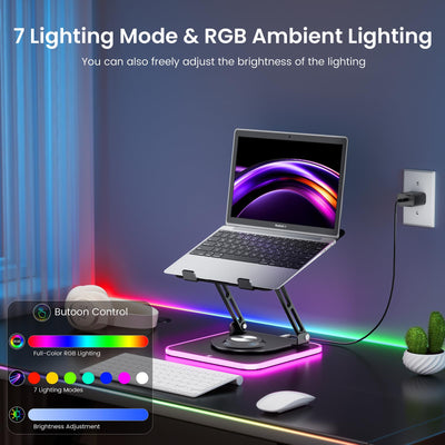 RGB Laptop Stand for Desk, Adjustable Ergonomic Laptop Riser with 360° Rotating Base, Foldable & Portable Computer Stand, Suitable for All 10-16” Laptops