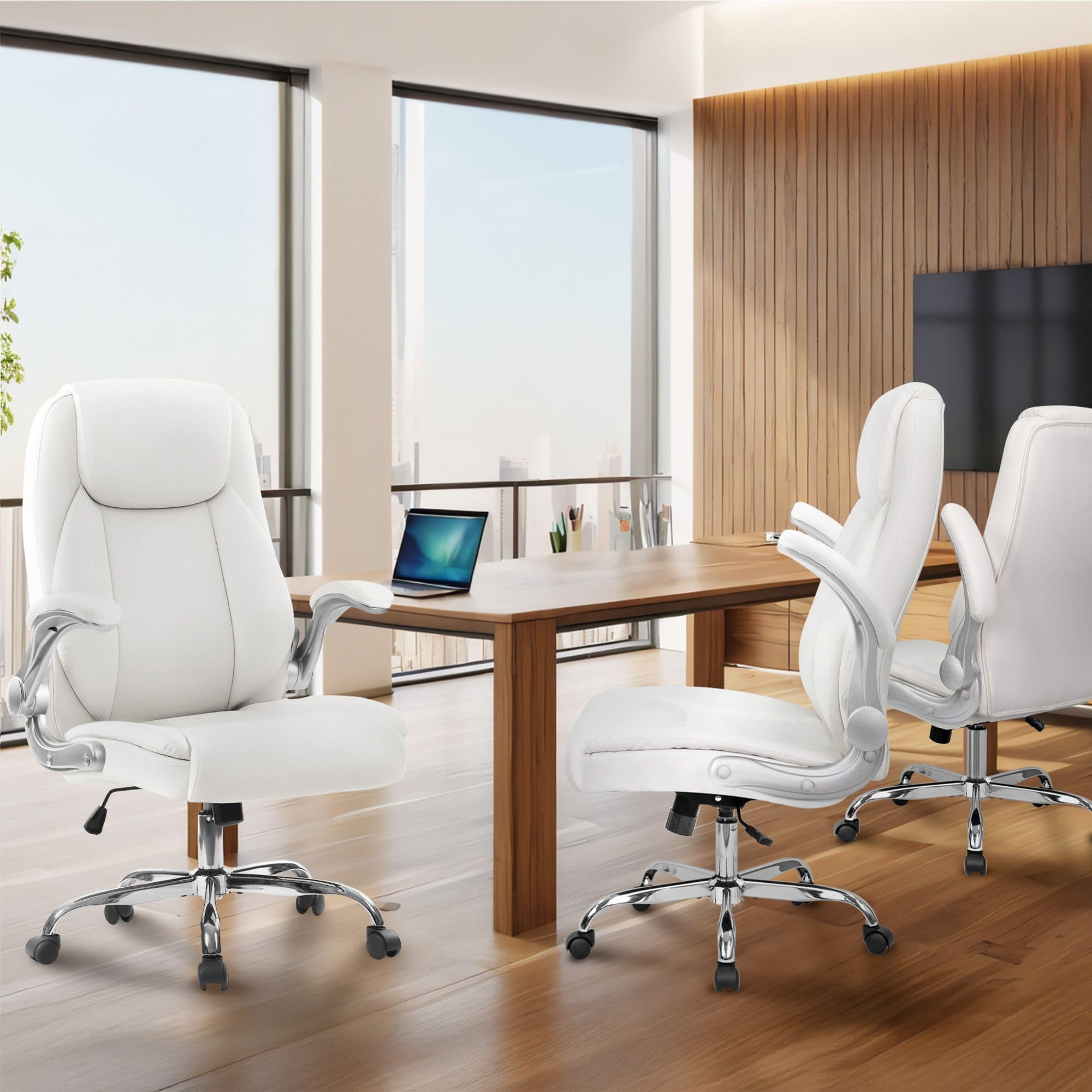 Office Desk Gaming Computer Home Chair Ergonomic Executive High Back Support Flip-up Arms Adjustable Height Swivel Rolling Wheels Comfy PU Leather (White)