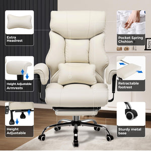 Big and Tall Gaming Chair 400lbs Heavy Duty Office Chair with Foot Rest & Ergonomic Pocket Spring Cushion, High Back Lumbar Support for Lower Back Pain Relief, Beige