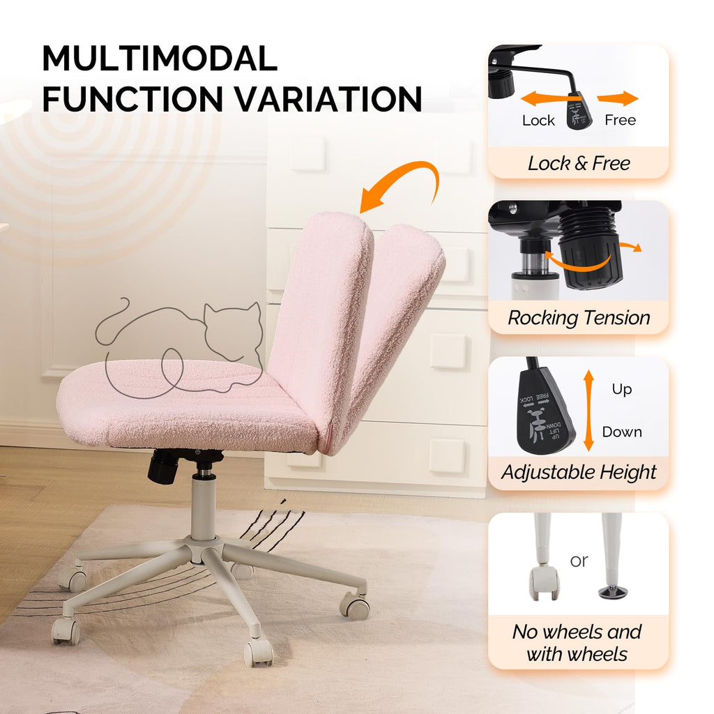 Criss Cross Legged Chair,Wide Comfy Office Desk Chair,Dual-Use with/no Wheels Computer Task Chair,Swivel Armless Vanity Boucle Chair for Study,Make Up,Home Office,Teddy Fleece,Pink