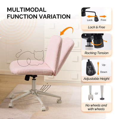 Criss Cross Legged Chair,Wide Comfy Office Desk Chair,Dual-Use with/no Wheels Computer Task Chair,Swivel Armless Vanity Boucle Chair for Study,Make Up,Home Office,Teddy Fleece,Pink