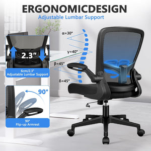 Office Desk Chairs with Wheels, Ergonomic Mesh Chair with Adjustable Height Lumbar Support, Rolling Swivel Computer Task Chair with Flip Up Armrests for Home, Study, Conference, Black