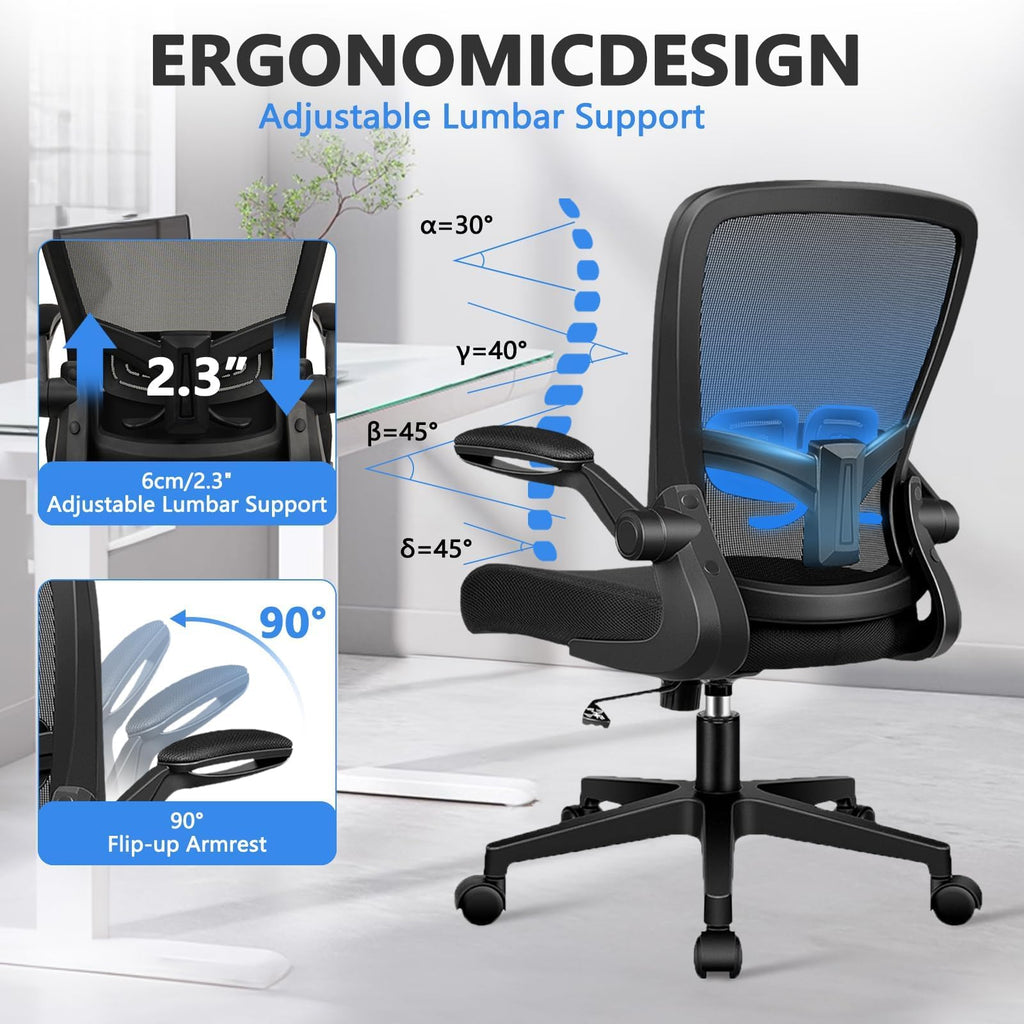 Office Desk Chairs with Wheels, Ergonomic Mesh Chair with Adjustable Height Lumbar Support, Rolling Swivel Computer Task Chair with Flip Up Armrests for Home, Study, Conference, Black (12PK)