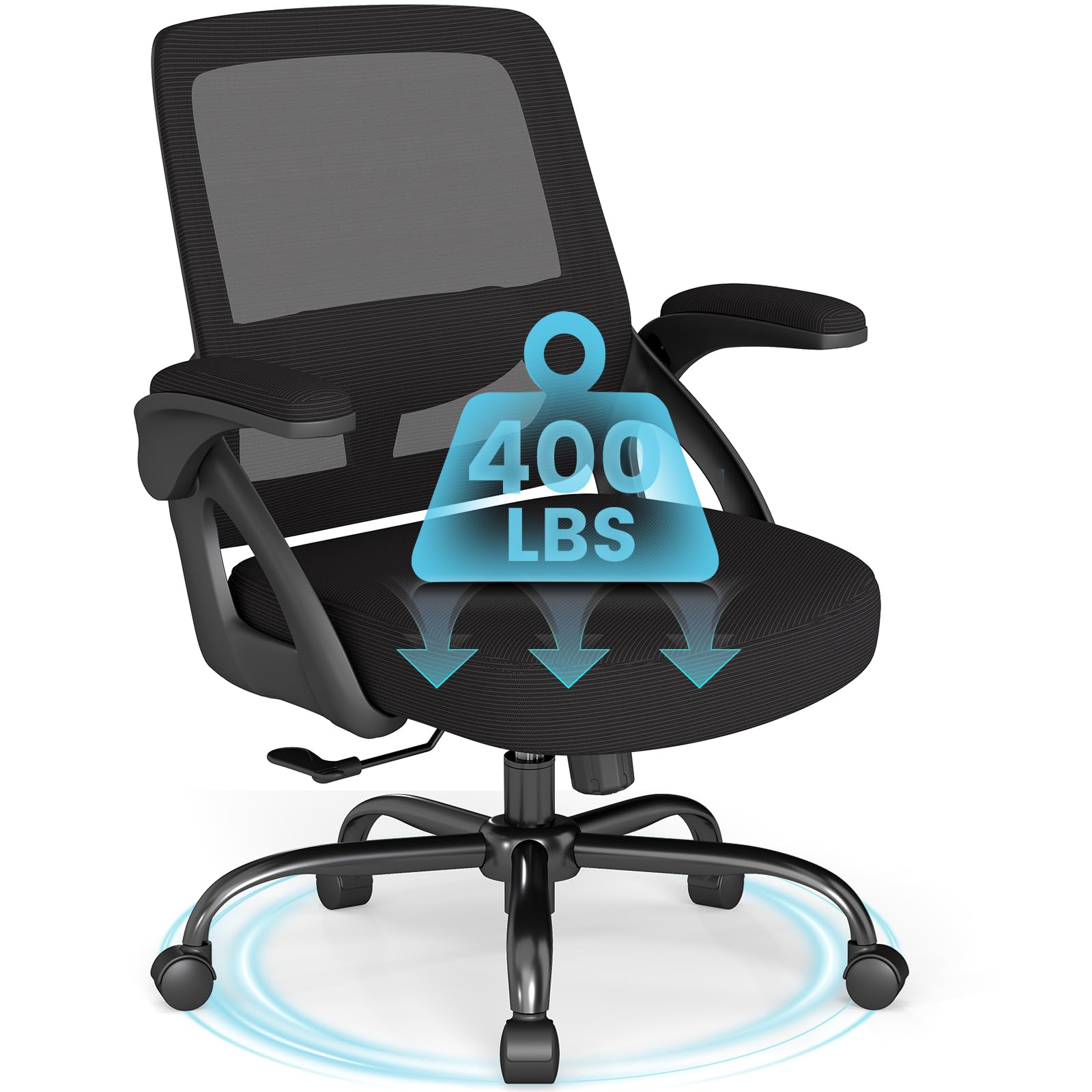 Big and Tall Office Chair, Ergonomic Desk Chair Mesh Mid Back with Comfy Lumbar Support Swivel Task Executive Chairs with Wheels, Flip up Arms for Home, Office, Study