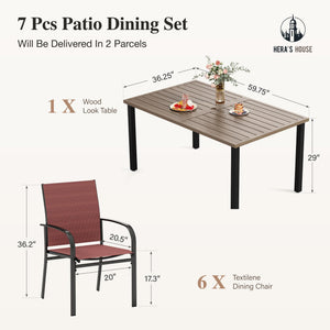 Patio Table and Chairs for 6, 7 Pieces Outdoor Deck Dining Sets, Wood-Like Rectangular Metal Table Set with Chairs for Lawn Garden Backyard, Red