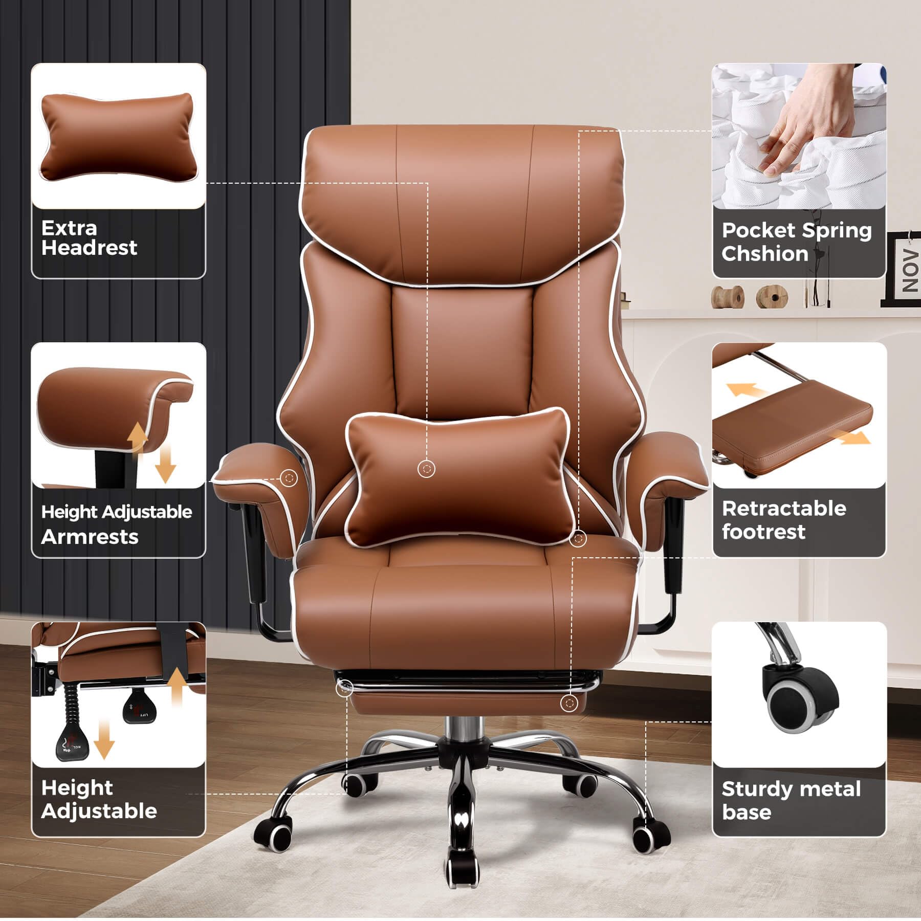 Big and Tall Gaming Chair 400lbs Heavy Duty Office Chair with Foot Rest & Ergonomic Pocket Spring Cushion, High Back Lumbar Support for Lower Back Pain Relief, Coffee Brown