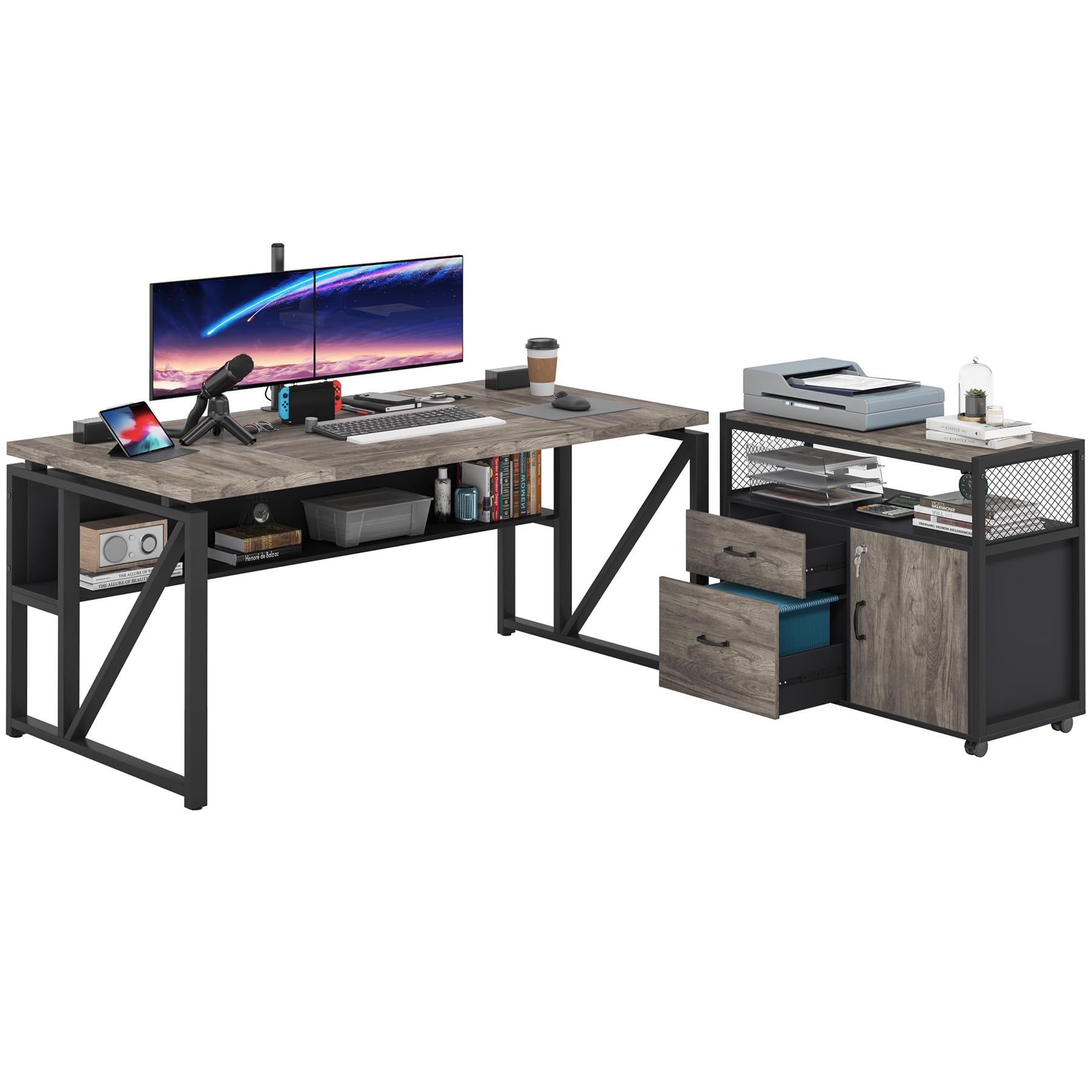 L Shaped Desk with Drawer Cabinet, 63" Executive Computer Desk and lateral File Cabinet, 2 Piece Home Office Furniture with Drawers for Hanging File, Doors with Locks (Gray, 63 inches)