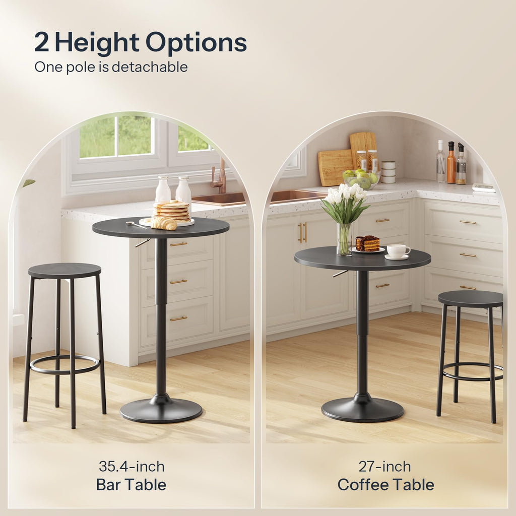 2 Pcs Bar Table, Height-Adjustable Round Pub Table 27-35.4 Inches with Sturdy Base, Modern Style Bar Table Easy Assembly with Metal Base for Pub, Party and Small Places, Black