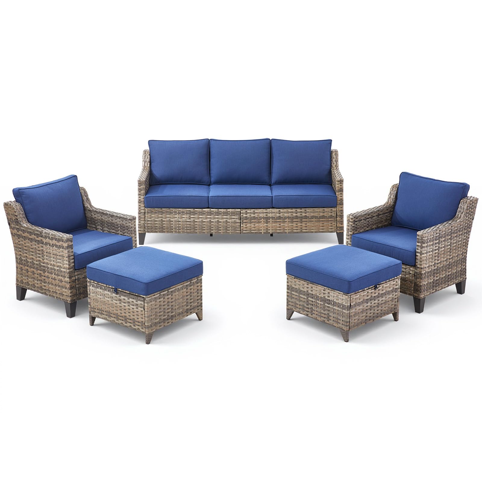 5 Pieces Outdoor Furniture-High Back Outdoor Wicker Couch Patio Chairs Set of 2 with Comfy Cushions Ottomans Patio Furniture Set for Backyard Porch Garden Deck Grey/Blue