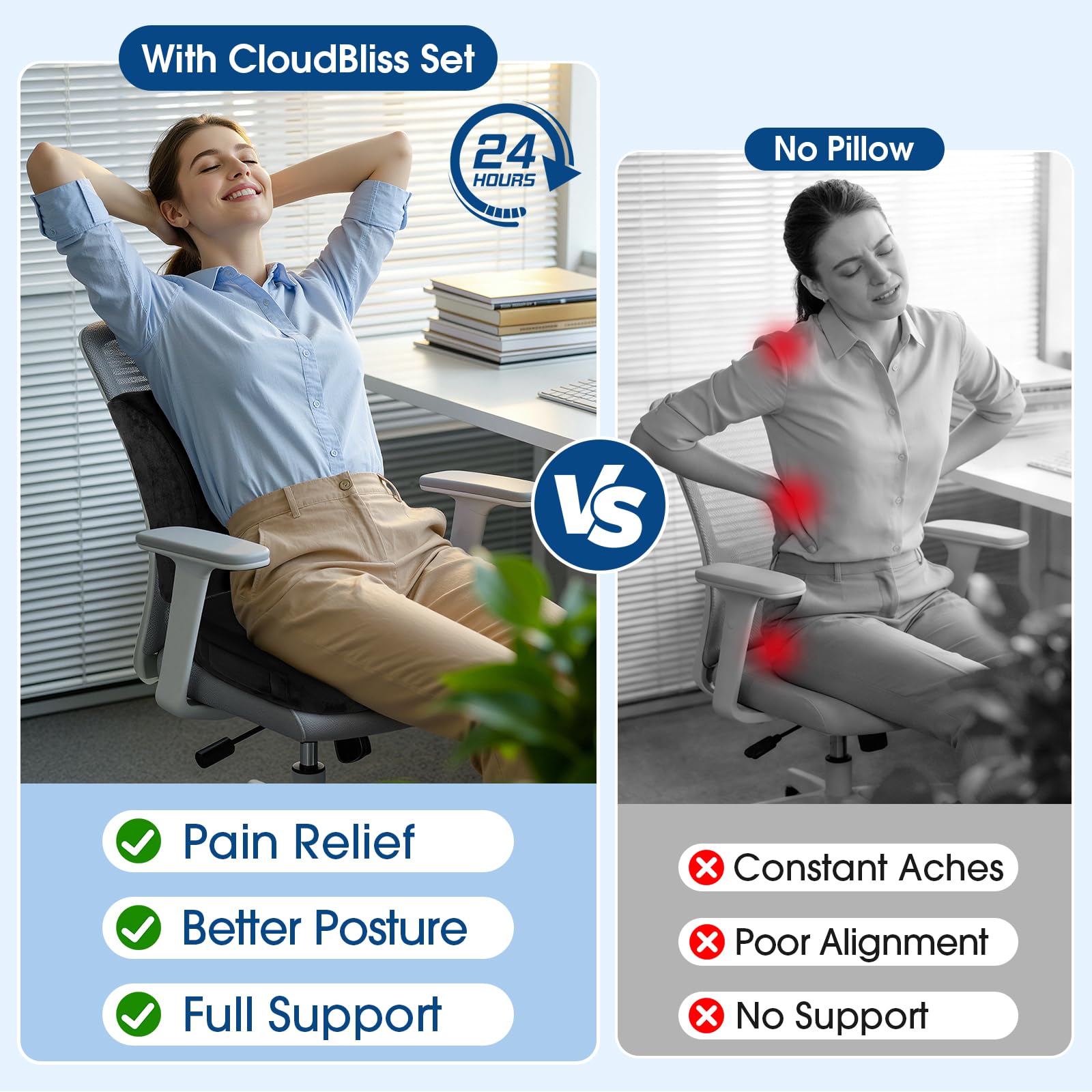 Lumbar Support Pillow & Seat Cushion Set for Office Chair, Desk Chair, Wheelchair & Car – Memory Foam Back Support, Ergonomic Chair Cushions, Sciatica Pain Relief, Home Essentials, Black