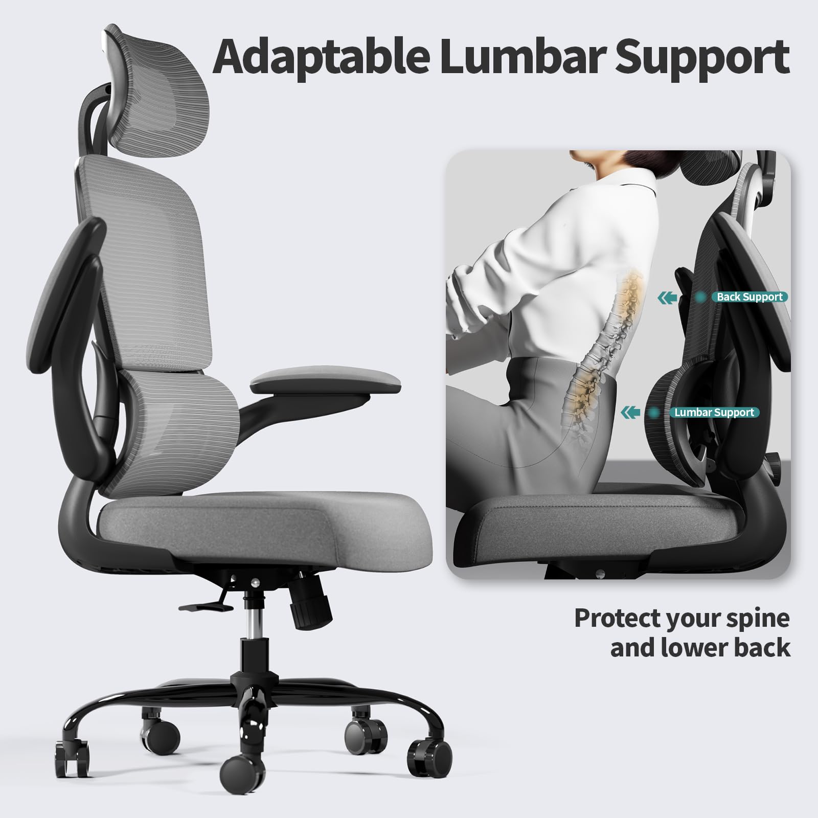 Office Chair Ergonomic Desk Chair, 330 LBS Home Mesh Office Desk Chairs with Wheels, Comfortable Gaming Chairs (Black Grey)
