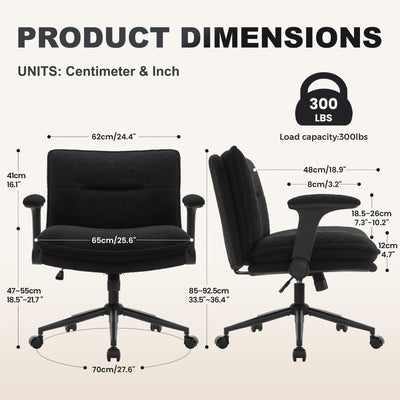 Criss Cross Legged Office Chair with Wheels and Flip-Up Arms, Ergonomic Wide Seat Desk Chair with Thick Padded, Height Adjustable Criss Cross Chairs for Home Office, Bedroom,Apartment,Vanity,Black