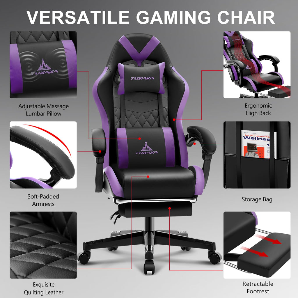 Gaming Chair,Ergonomic Massage Computer Office Desk Chair with Footrest,Pocket Spring Cushion,Reclining Leather Adjustable Gamer Chair with Headrest and Lumbar Support,Purple