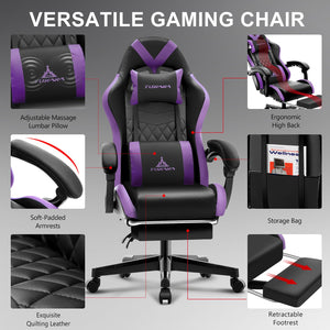 Gaming Chair,Ergonomic Massage Computer Office Desk Chair with Footrest,Pocket Spring Cushion,Reclining Leather Adjustable Gamer Chair with Headrest and Lumbar Support,Purple