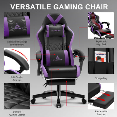 Gaming Chair,Ergonomic Massage Computer Office Desk Chair with Footrest,Pocket Spring Cushion,Reclining Leather Adjustable Gamer Chair with Headrest and Lumbar Support,Purple