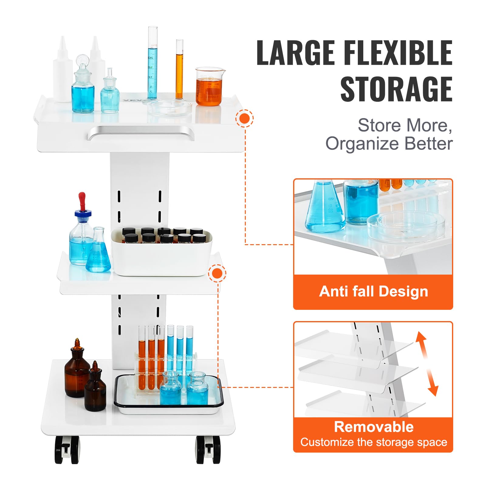 Lab Trolley, Rolling Lab Cart with Built-in Socket, 3-Layer Metal Mobile Trolley, Tray Rolling Clinic Cart with Swivel Wheels, 220 lbs Weight Capacity, for Lab, Clinic, Beauty and Salon