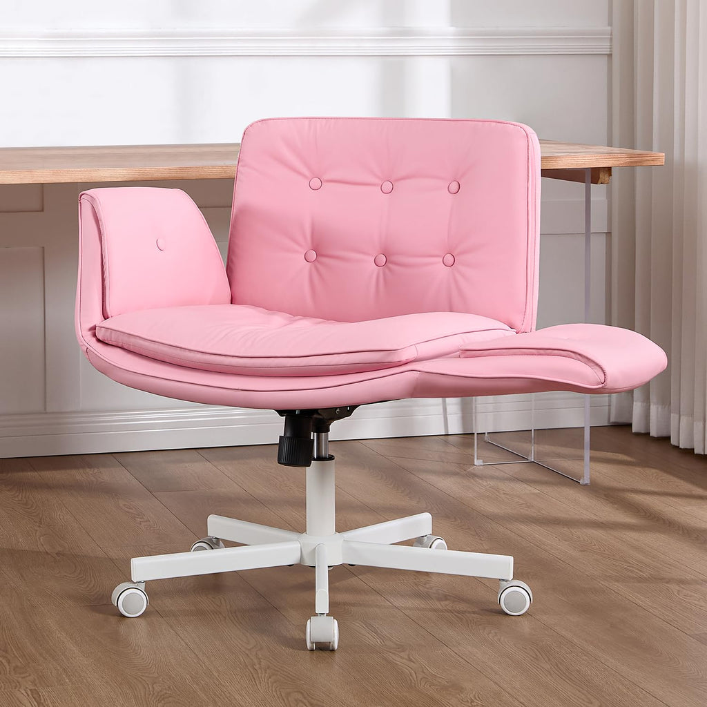 Criss Cross Office Chair, PU Leather Vanity Chair with 5-Level Adjustable Armrests & Swivel, Ergonomic Criss Cross Chair for Home Office Bedroom Makeup（Pink）