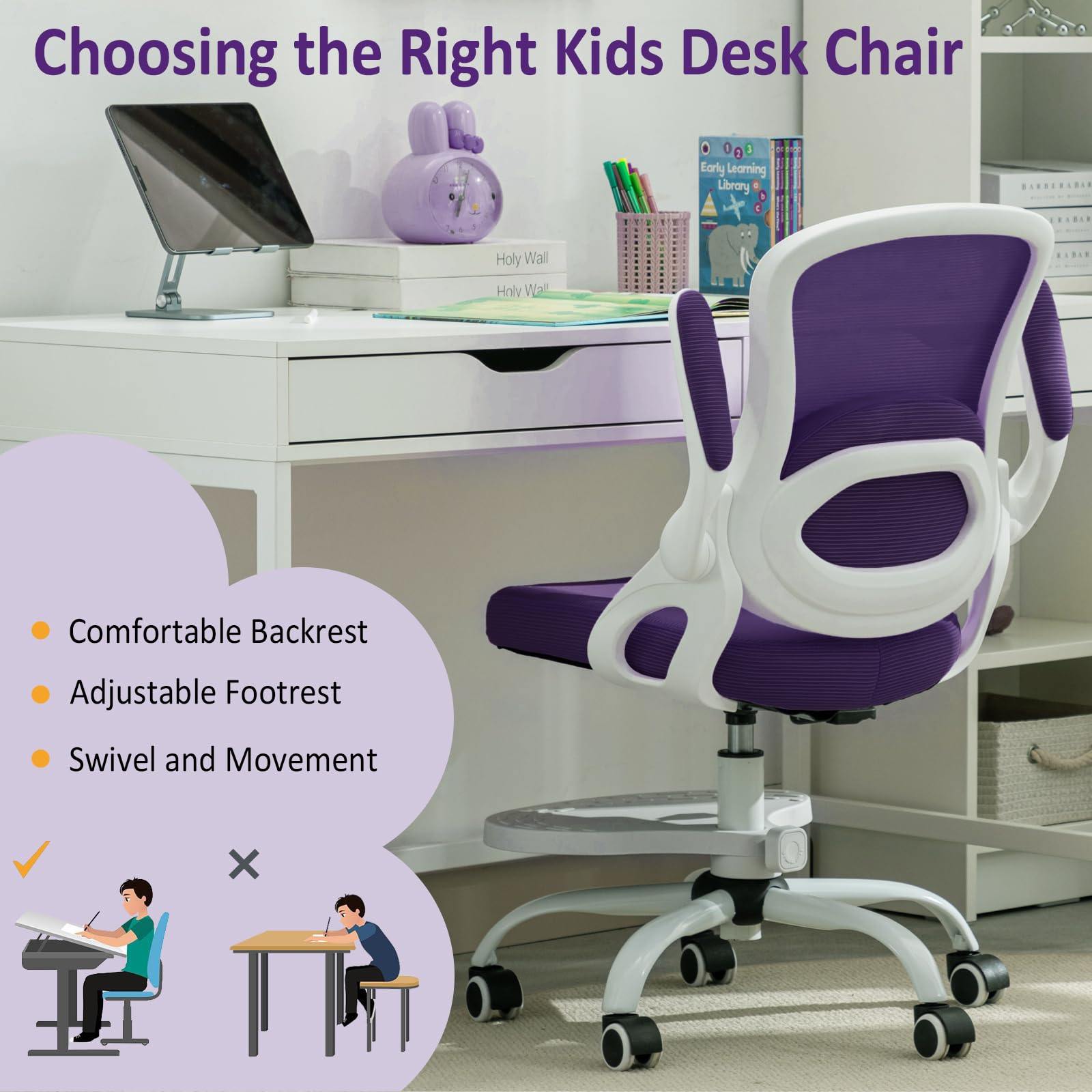 Kids Desk Chair,Ergonomic Study Chair with Adjustable Height,Swivel Mesh Desk Chair with Wheels,Home Office Chair for Children in Home Bedroom Purple