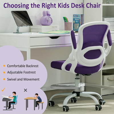 Kids Desk Chair,Ergonomic Study Chair with Adjustable Height,Swivel Mesh Desk Chair with Wheels,Home Office Chair for Children in Home Bedroom Purple