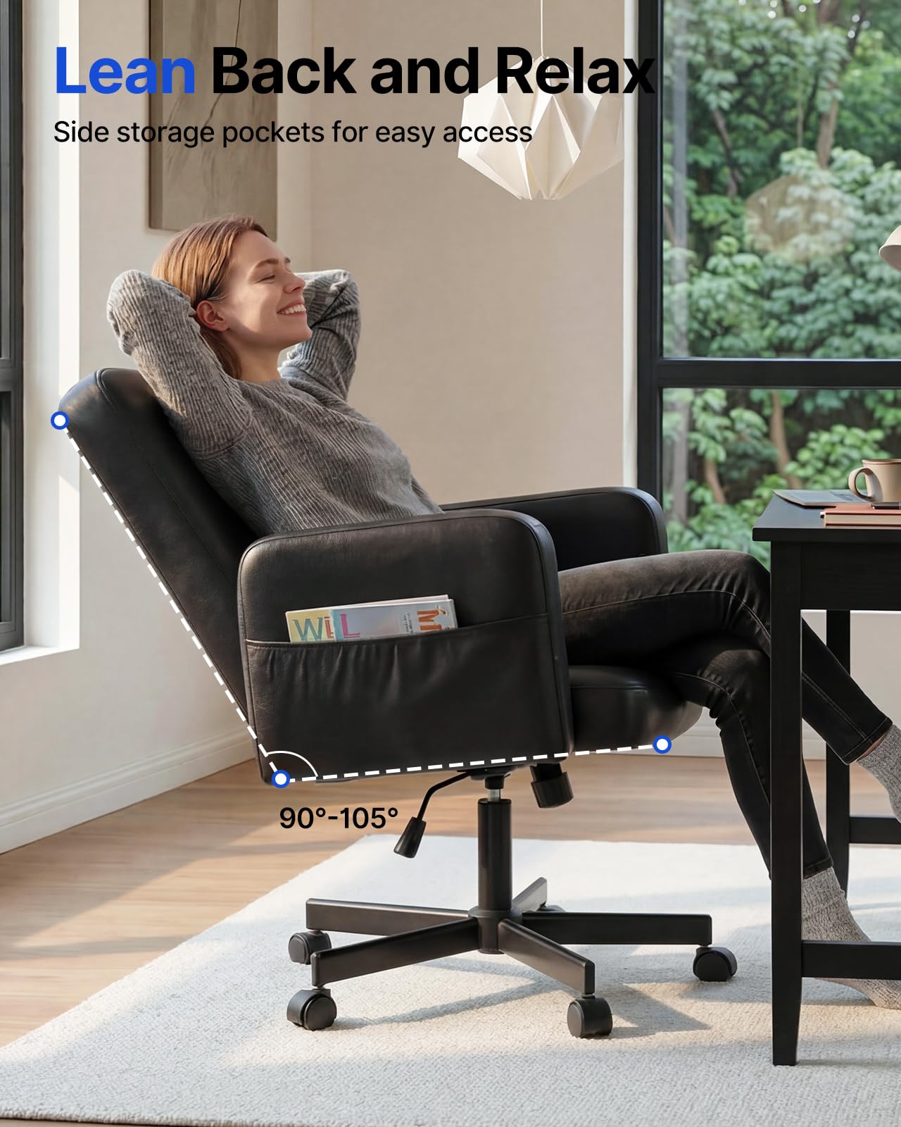 Criss Cross Chair with 6-Point Adjustable Armrests, Pet-Friendly Criss Cross Office Chair, Comfortable Cross Leg Chair with Wide Seat, Durable PU Leather, Side Storage Pocket, Easy Assembly