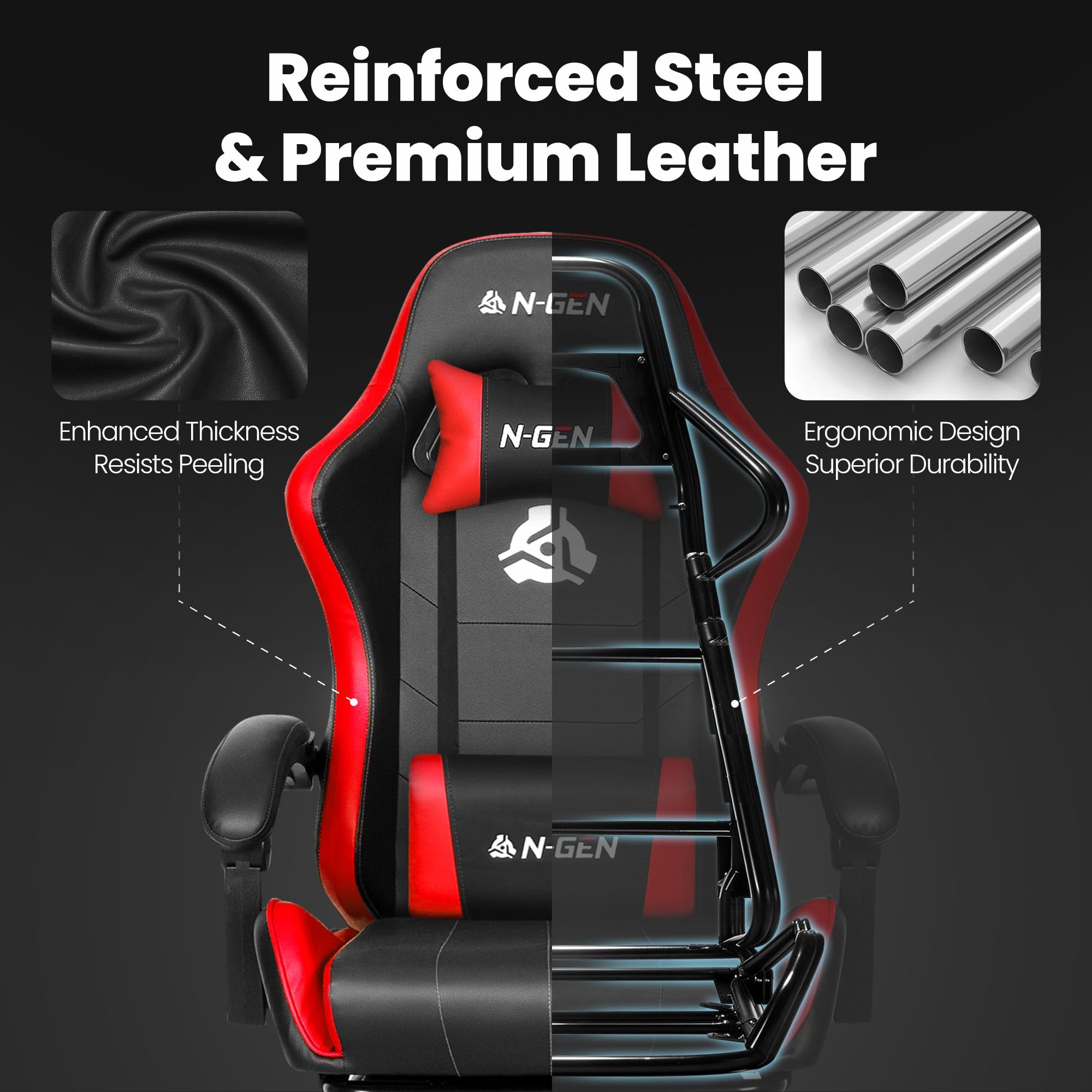 Video Gaming Chair with Footrest Lumbar Support for Home Office High Back Recliner Height Adjustable Ergonomic Comfy Leather Computer Desk Chair (Red)