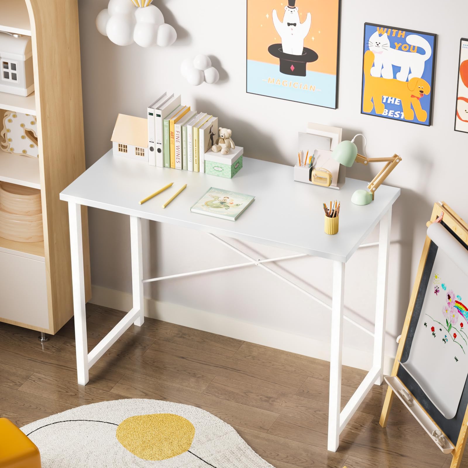Computer Small Office Desk 32 Inch Student Study Writing Work with Metal Frame Wood Tabletop Modern Simple PC Home Bedroom Table, Computer Table, White