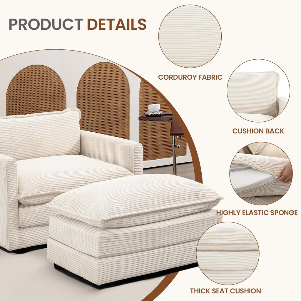 Single Armchair with Ottoman, Modern Corduroy Cloud Couch with Convertible Chaise, Upholstered Sofa Set for Living Room, Beige