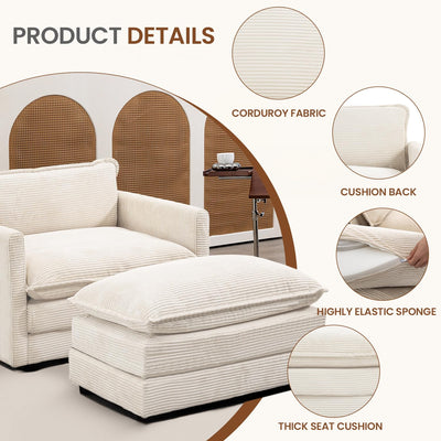 Single Armchair with Ottoman, Modern Corduroy Cloud Couch with Convertible Chaise, Upholstered Sofa Set for Living Room, Beige