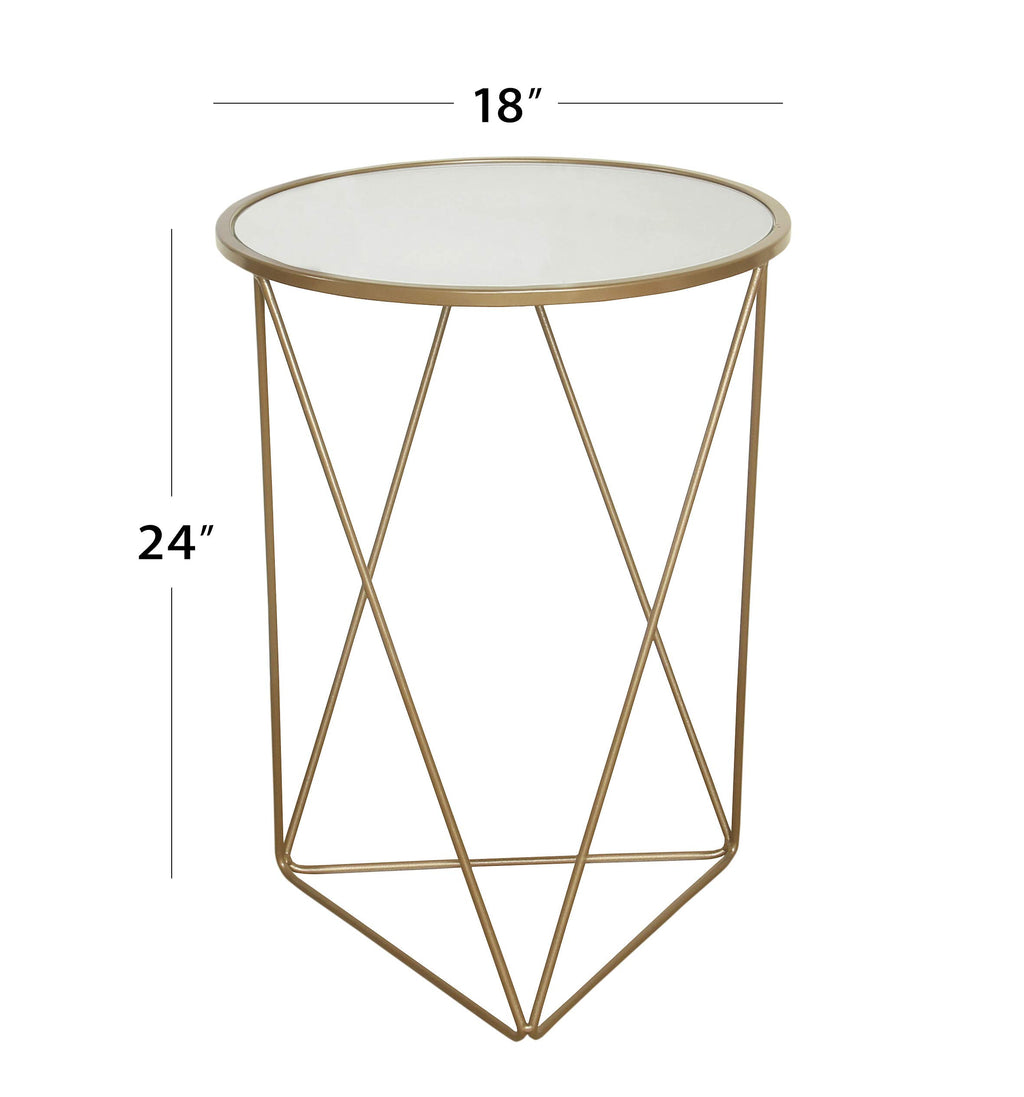 Metal Accent Table Triangle Base Round Mirror Top, Gold