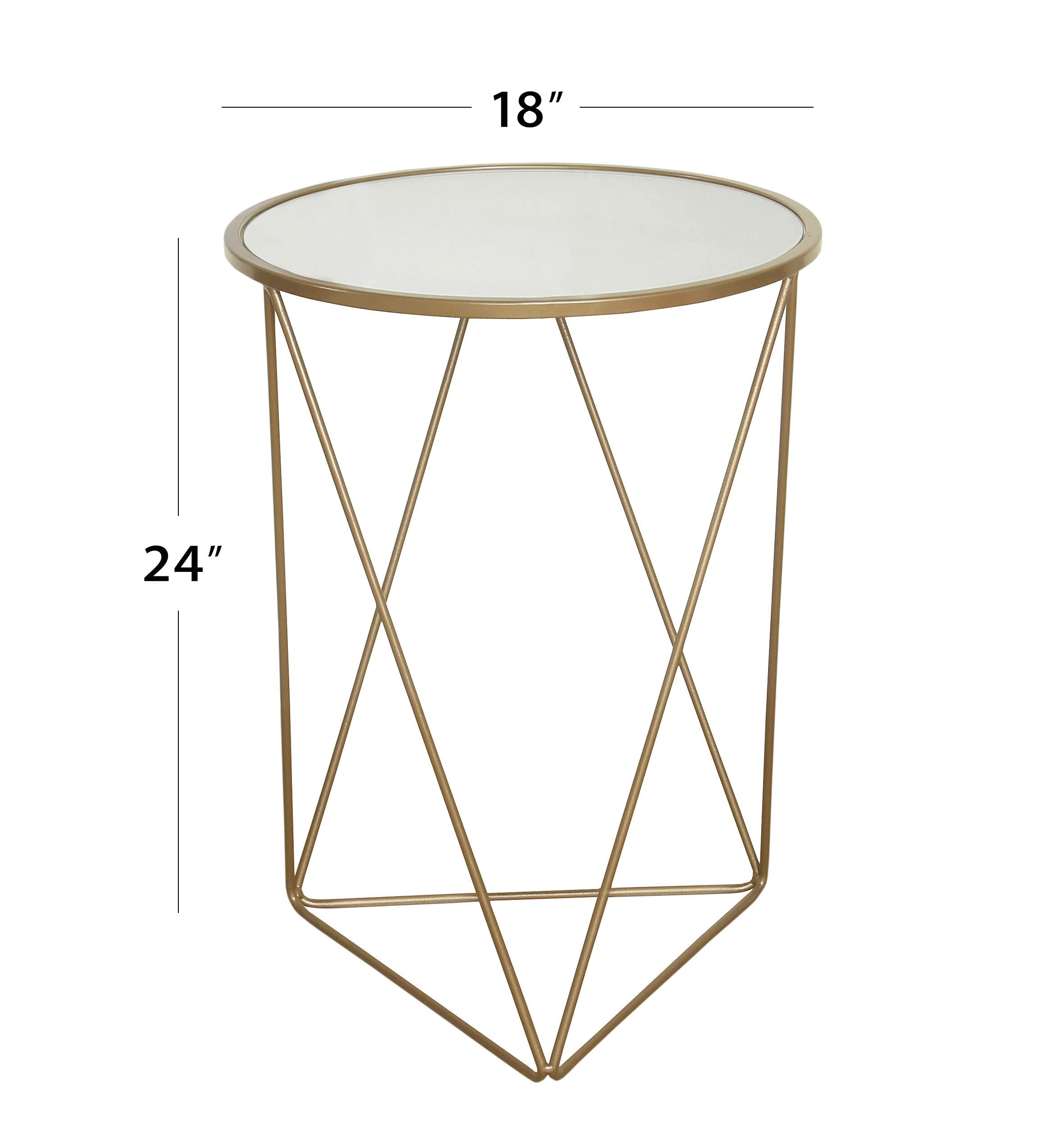 Metal Accent Table Triangle Base Round Mirror Top, Gold