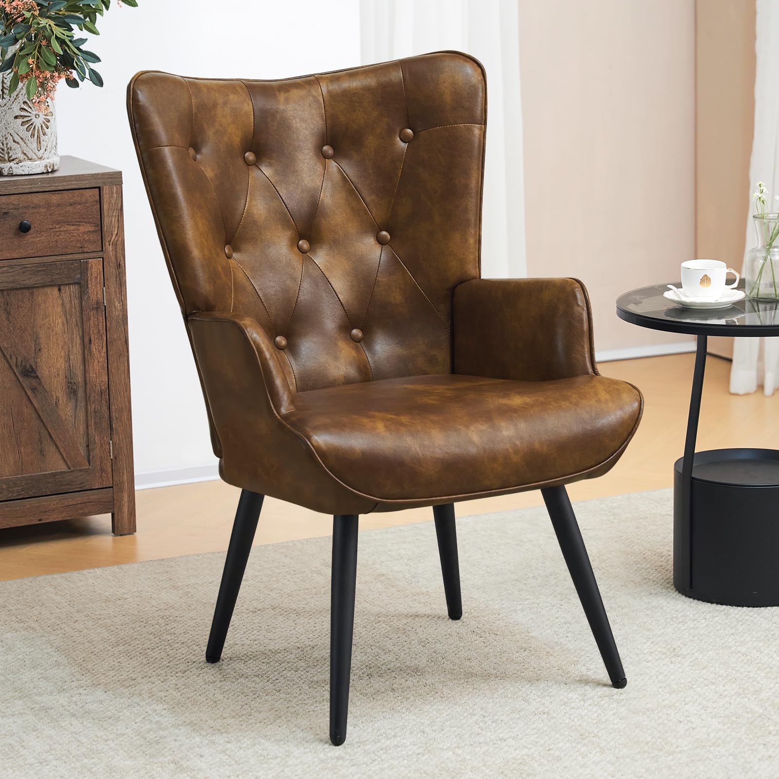 PU Leather Accent Chair for Living Room, Upholstered Reading Chair with High Backrest, Tufted-Button Wingback Armchair for Bedroom, Dressing Room, Home Office, Brown, Set of 2