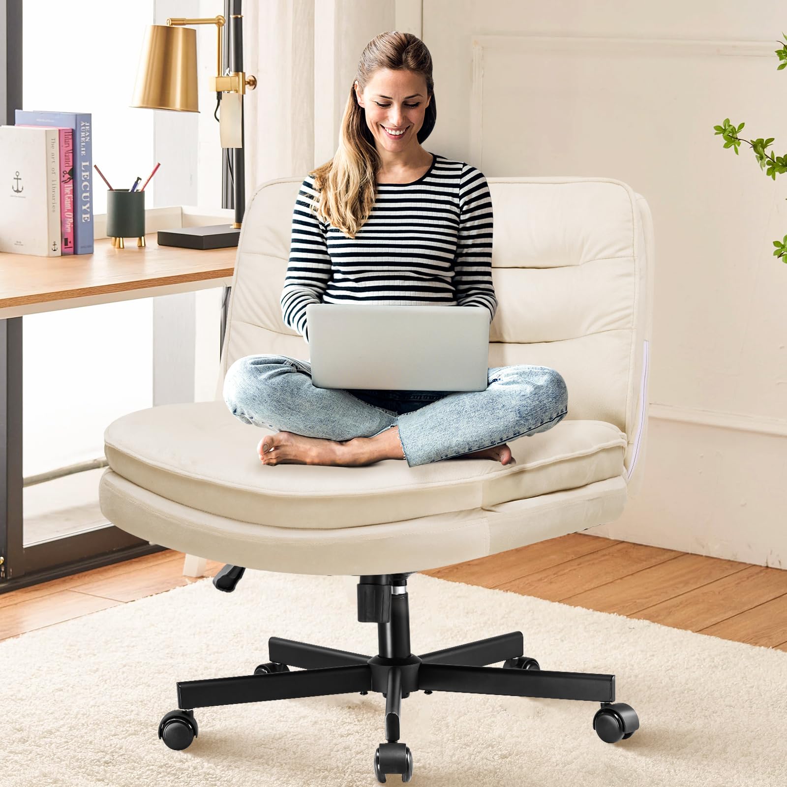 Criss Cross Chair with Wheels Armless Cross Legged Office Chair Wide Home Office Desk Chair Swivel Comfy Vanity Desk Chair Height Adjustable Mid Back Wide Seat Computer Task Chair