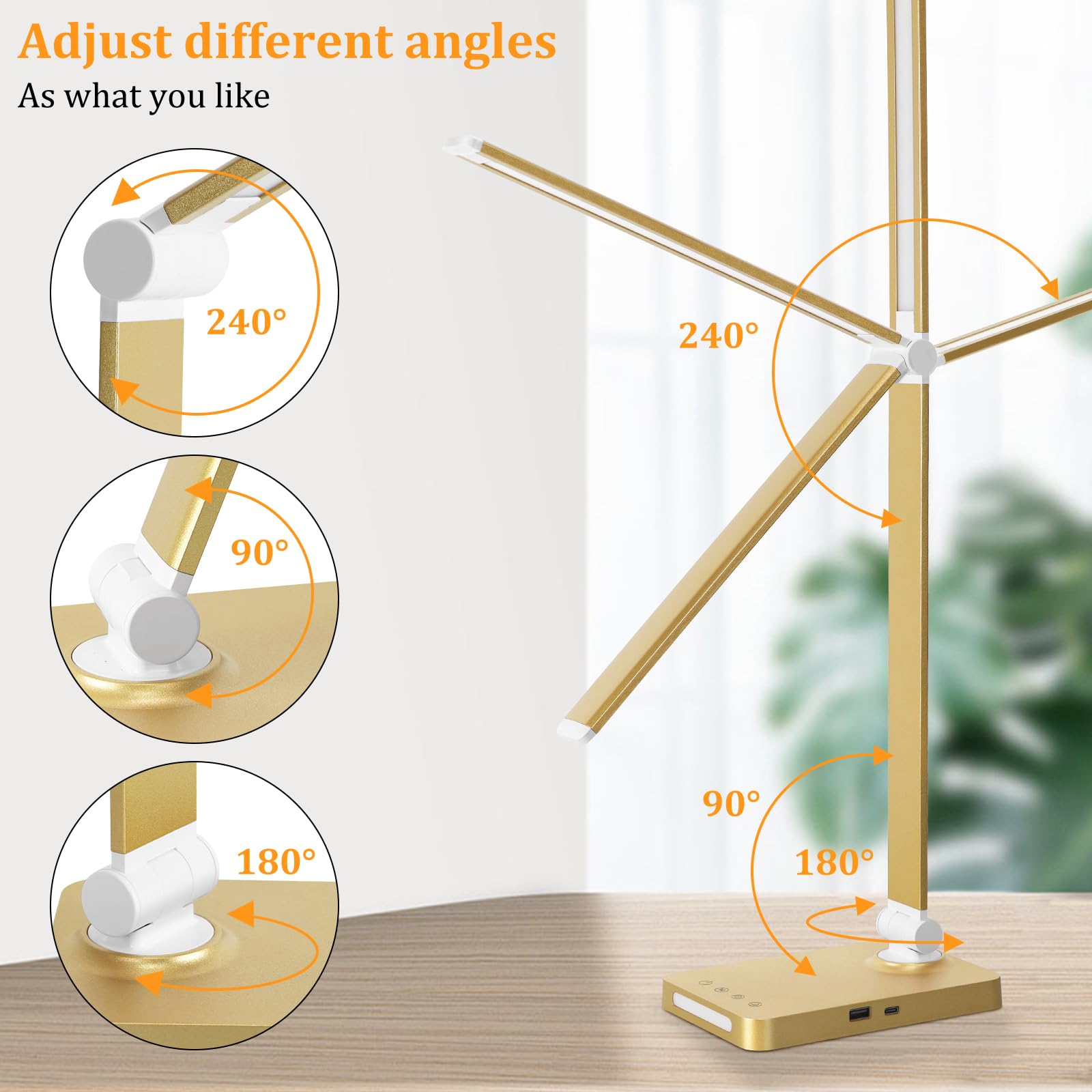 LED Desk Lamp with USB Ports,Touch Desk Lamps for Home Office with 5 Color Modes,3 Brightness Desk Light with Small Night Light,Reading Lamp Table Lamp for Bedroom Bedside Study Gold （with Adapter）