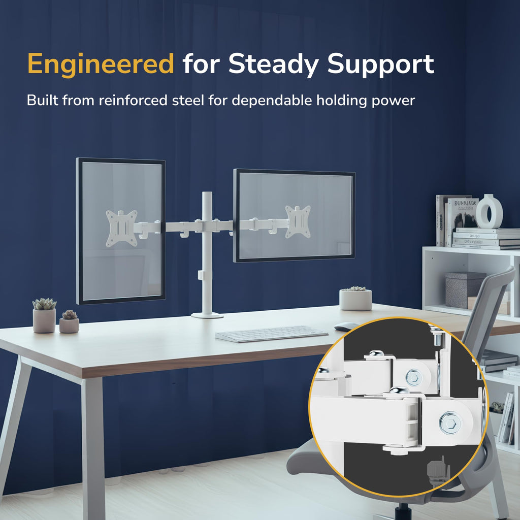 Dual Monitor Mount for Desk, Adjustable Tilt Swivel on Double Monitor Mounts for Screens up to 32”, Dual Monitor Arms for 2 Monitors, VESA 75x75 and 100x100 C-clamp & Grommet in White