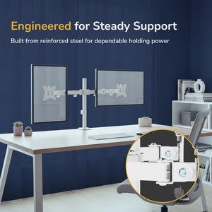 Dual Monitor Mount for Desk, Adjustable Tilt Swivel on Double Monitor Mounts for Screens up to 32”, Dual Monitor Arms for 2 Monitors, VESA 75x75 and 100x100 C-clamp & Grommet in White