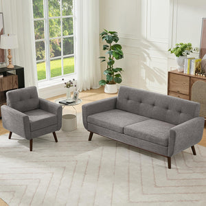 Living Room Furniture Sets, Standard & Accent Chair, Mid Century Modern Decor Sofa Couches, Button Tufted Upholstered Furniture, Gray