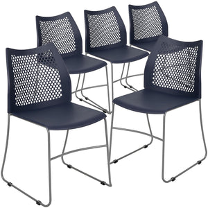 Set of 5 Navy, Orange, Hercules Series Contoured Lobby Chairs with Air-Vent Honeycomb Backs, Ergonomic Stacking Chairs for Offices