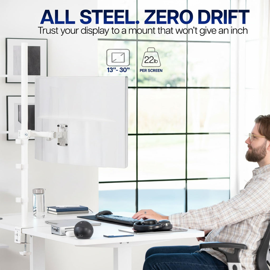 Extra Tall Single Monitor Desk Mount Stand with 39 inch Pole, Features Full Adjustability - Tilt and Articulation, Holds 13 to 32 inch Screens up to 10kg with VESA Mounting, White, STAND-V011W