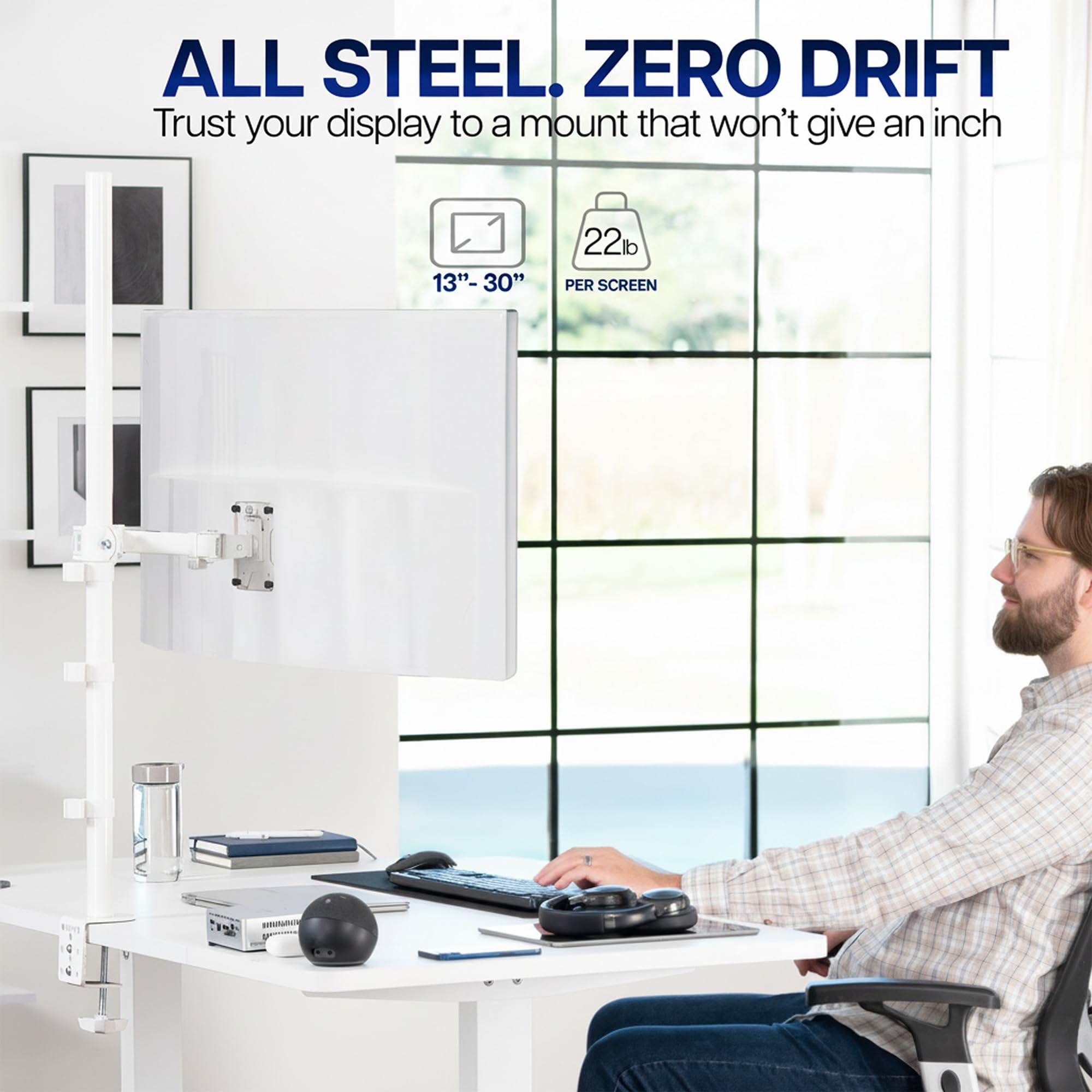 Extra Tall Single Monitor Desk Mount Stand with 39 inch Pole, Features Full Adjustability - Tilt and Articulation, Holds 13 to 32 inch Screens up to 10kg with VESA Mounting, White, STAND-V011W