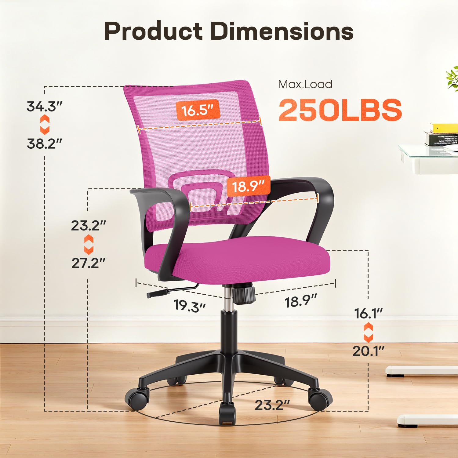 Ergonomic Office Chair | Mid-Back Swivel Desk Chair | Breathable Backrest & Lumbar Support | Adjustable Height | Sponge Seat | Rolling Wheels | Pink | for Adults & Women