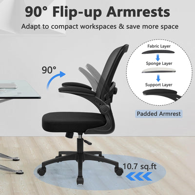 Home Office Desk Chair with Flip Up Armrests, Mesh Back Chair with Adjustable Height Lumbar Support, Ergonomic Computer Task Chair with Wheels for School, Conference, Black(4PK)